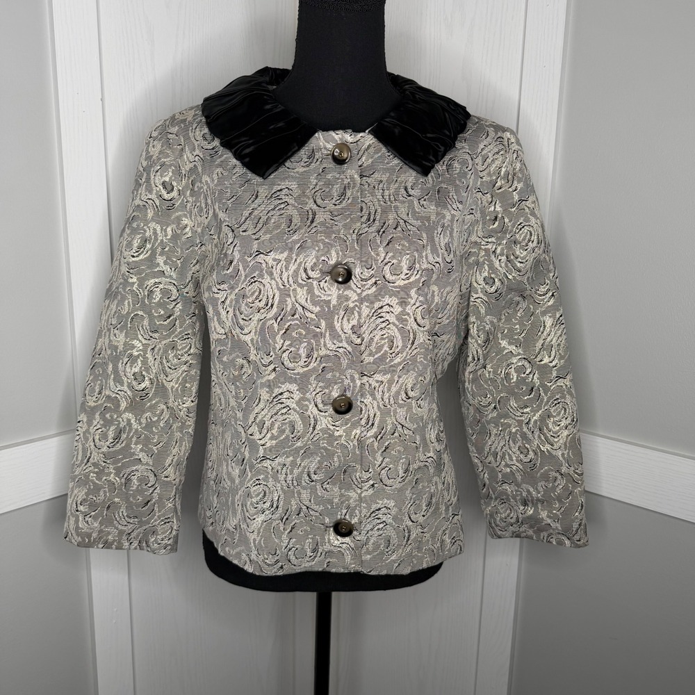 Bob Mackie Studio Blazer Jacket Womens 12‎ Silver Black Floral Jacquard SM1000